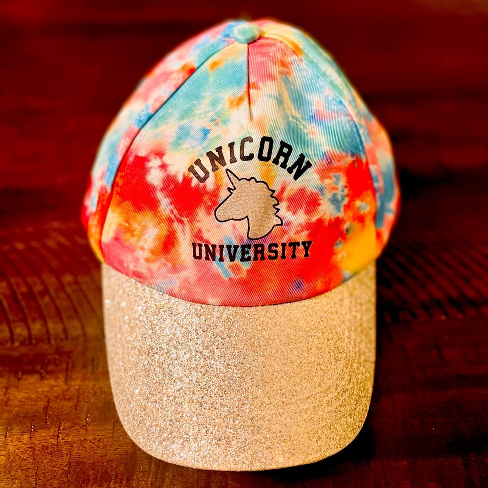 Girls “Unicorn University” tie dye/glitter baseball cap.  OS.  Great condition.